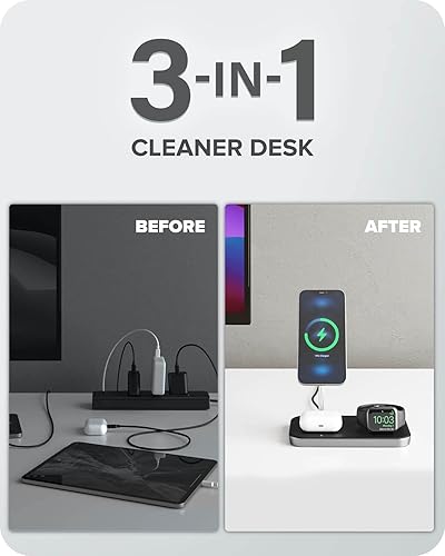 ALOGIC MagSpeed 3-in-1 Wireless Charging Station, MagSafe Compatible for iPhone 15/14/13/12 Series, Wireless Charging Enabled AirPods Case & All Apple Watch Models, LED Indicator, Certified Safe.