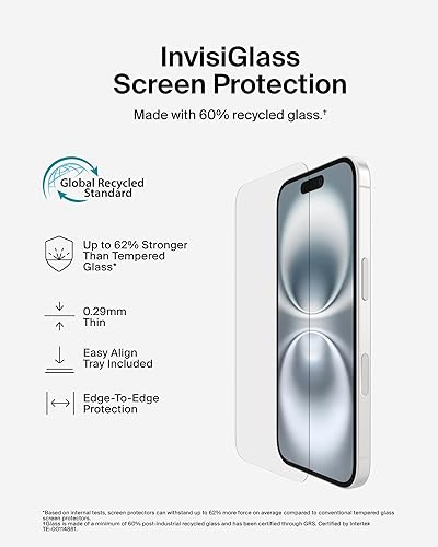 Belkin ScreenForce InvisiGlass Treated Screen Protector for iPhone 16, iPhone 15, & iPhone 14 Pro, Scratch-Resistant Impact Protection w/Included Easy Align Tray for Bubble Free Application - Made