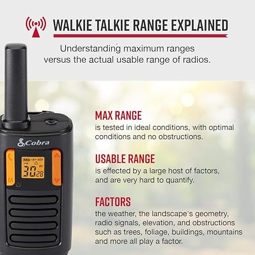 Cobra RX180 Walkie Talkies – 18-Mile Long Range Signal, 22 Preset Channels, NOAA Weather Alerts, 10 Call Tones, Voice-Activated, Compact and Reliable, 2-Pack, Orange/Black