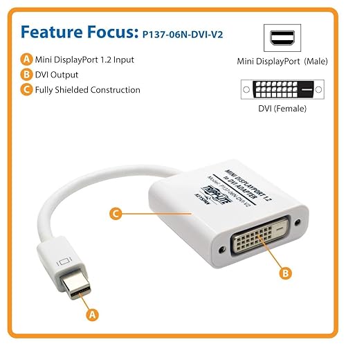 Tripp Lite Keyspan Mini DisplayPort to Dvi Active Cable Adapter, MDP 1.2, MDP to Dvi (M/F), 1080p, MDP2DVI, 6-in. (P137-06N-Dvi-V2), White