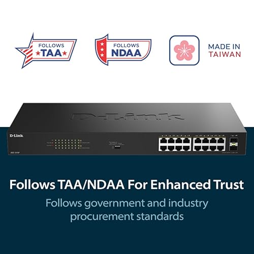D-Link 16-Port Gigabit PoE+ Unmanaged Switch with 2 SFP Ports (DGS-1018P) – 240W Budget, 30W/Port, Plug-and-Play, Onboard Controls, QoS, Smart Fan, NDAA/TAA Standards