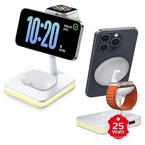 Spracht Flex Charge 4, 4-in-1 Wireless Charging Stand | 25W Fast Charger, Magnetic Connection -Works for Smartphone, Watch, Ear Buds, Qi-Enabled Devices | Nightlight, Magnetic Charging Stand (White)