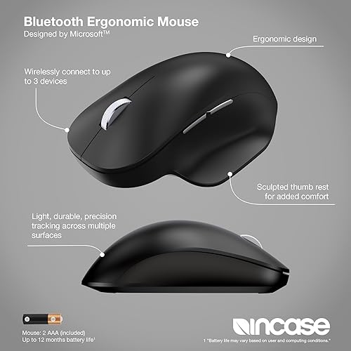 Incase Bluetooth Ergonomic Mouse – Designed by Microsoft – Two Thumb Buttons, Easy to Grip Thumb Rest, Precision Tracking, Connects 3 Devices, 15 Month Battery Life, PCs/Laptops (Black)