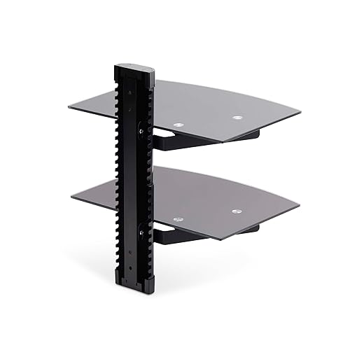StarTech.com Dual Floating Wall-Mounted AV Shelves, Adjustable Height Shelf for Under TV AV Equipment, Tempered Glass Shelves