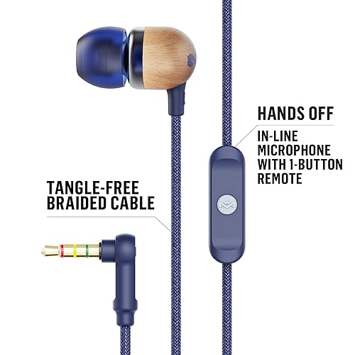 House of Marley | Smile Jamaica Wired in-Ear Headphones - in-line Microphone with 1-Button Remote | Noise Isolating | Durable | Tangle Free Cable | Denim