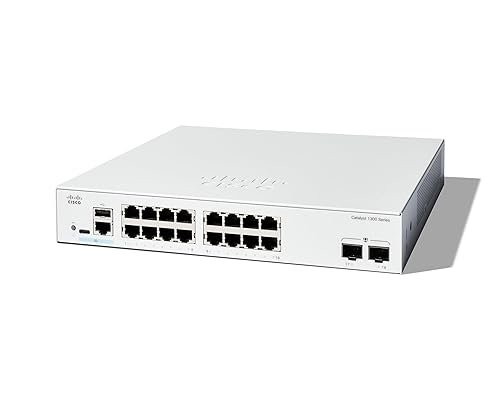 Cisco Catalyst 1300-16T-2G Managed Switch, 16 Port GE, 2x1GE SFP, Limited Lifetime Protection (C1300-16T-2G)