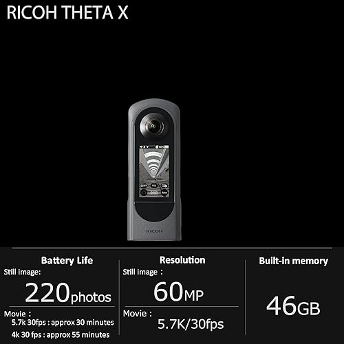 RICOH Theta X 360 Degree Camera, High Resolution Image of Approx 60M, 5.7K 360, Touch Screen, Interchageable Battery, External Memory Card