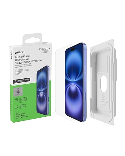 Belkin ScreenForce UltraGlass 2 Treated Screen Protector for iPhone 16 Plus, iPhone 15 Plus & iPhone 14 Pro Max - Slim & Scratch-Resistant, 9H Hardness w/Easy Align Tray for Bubble-Free Application