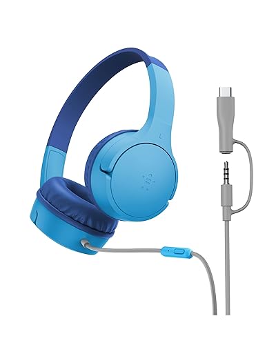 Belkin SoundForm Mini Kids Wired Headphones w/USB C to 3.5mm Dongle, Built-in Mic & Fun Stickers, 85dB Max Volume – for Online Learning, Travel, Compatible w/iPhone 16, iPad, Galaxy S25, etc - Blue