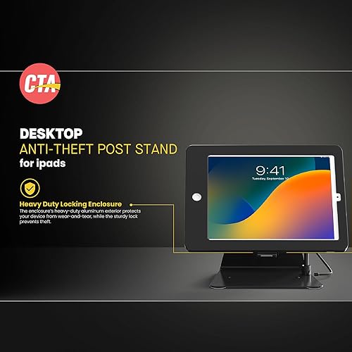 CTA Desktop Anti Theft Stand Kiosk Stand with Stylus, Tether, and Aluminum Enclosure for iPad 10th Gen, 10.9” iPad Air, and 11” iPad Pro - Black - (PAD-DASB109)