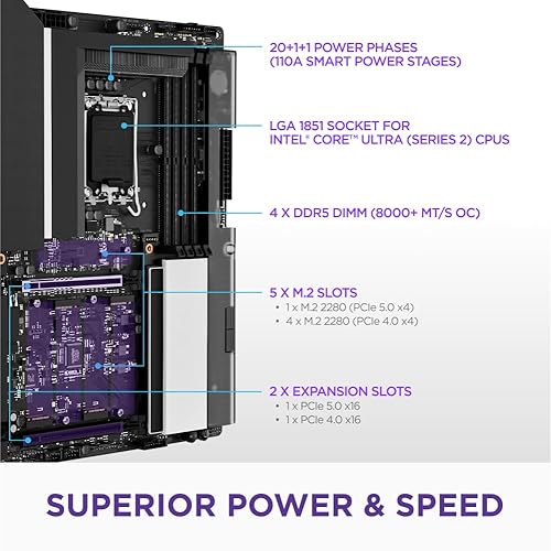 NZXT N9 Z890 - Intel Z890 LGA 1851 ATX Gaming Motherboard for Core Ultra (Series 2) - 20+1+1, DDR5, 5X M.2, PCIe 5.0, Wi-Fi 7, 5GbE, Thunderbolt 4 - RGB, Full-Metal Cover - Black Black Intel N9 Z890