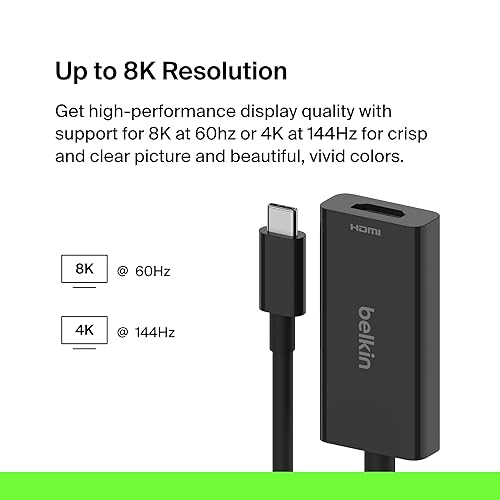 Belkin USB-C to HDMI 2.1 Adapter, Tethered 4.33in Cable w/ 8K @ 60Hz, 4K @ 144Hz, HDR, HBR3, DSC, HDCP 2.2, USB-IF - Works w/Chromebook, Certified for MacBook, iPad Pro, & Other USB-C Devices - Black