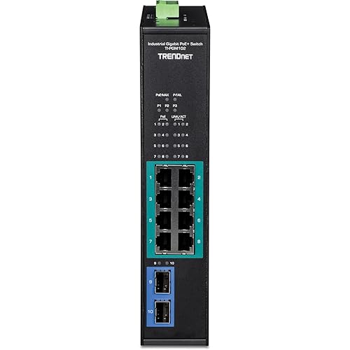 TRENDnet 10-Port Industrial Gigabit PoE+ Switch, Extreme Temperature Range -20° – 65°C (-4° – 149°F), DIN Rail Switch, 50-55V DC, 8 x Gigabit PoE+ Ports, 2 x Gigabit SFP Slots, TI-PGM102, Black