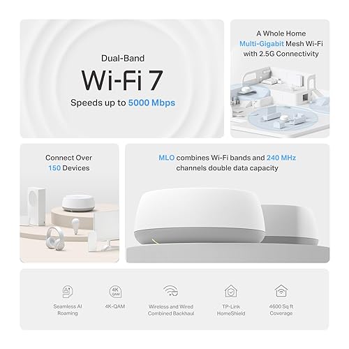 TP-Link Deco BE5000 Dual-Band WiFi 7 Mesh System (Deco BE25) – Supports 150+ Devices, 5GHz/2.4GHz, 2.5Gbps Ports, MLO, 4K-QAM, HomeShield Security, Universal Compatibility (2-Pack) Wi-Fi 7 | BE5000, Dual-Band 2-Pack