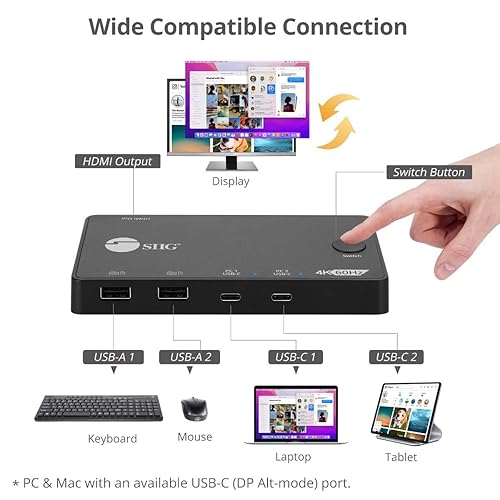 SIIG 2 Port USB-C KVM Switch - 2 Computers to 1 Monitor - 2X USB-A + 2X USB-C - Single 4K 60Hz HDMI, USB-C Bus Powered, Button Control, Thunderbolt 3 Compatible (CE-KV0B11-S1)