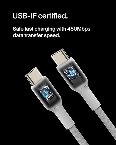 Belkin BoostCharge (1M/3.3ft) Braided USB-C to USB-C Cable for iPhone 16, iPhone 16 Pro, iPhone 16 Pro Max, iPhone 16 Plus, Galaxy S24, S23, Note10, Note9, Pixel 9, Pixel 8, iPad Pro, & More - White 6.6 ft 6.6 ft White