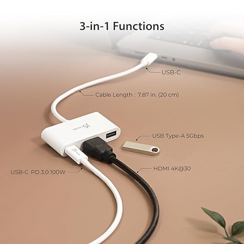 j5create USB-C to HDMI & USB Type-A with Power Delivery(Eco-Friendly) with 4K HDMI, USB-A 5Gbps, PD 100W Charging | Compatible with MacBook Pro,Chromebook,HP, Samsung and more Type-C Devices(JCA379EW) Natural White