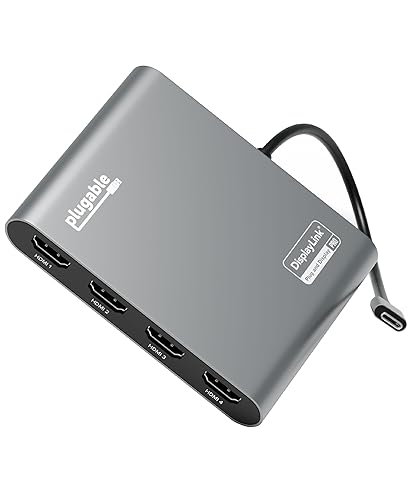 Plugable USB C to Quad HDMI 4K Adapter with 100W PD Pass-Though Power Delivery for Windows, Mac M1/M2/M3/M4, Thunderbolt, and USB-C Laptops | TAA, DisplayLink Pro, Driver Required (USBC-7400H4)