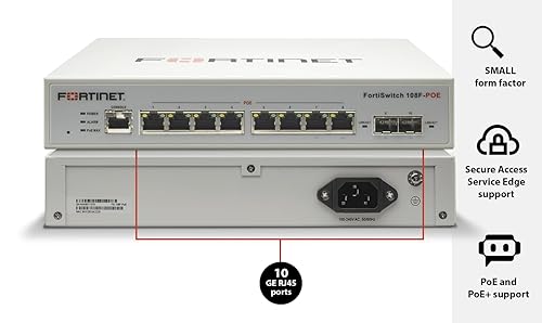 Fortinet FortiSwitch 108F-POE Layer 2 Switch, Managed. 8XGE Port, 2X SFP Port, 1X RJ45 Port. Fanless Design.