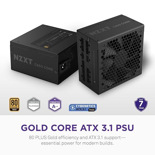 NZXT C850 Gold Core - 850W ATX 3.1 Power Supply - 80 Plus Gold - Cybenetics Platinum - Fully Modular - PCIe 5.1 600W 12V-2x6 - Zero RPM Fan - 105°C Capacitors - Black Black 850W Gold Core Core ATX 3.1