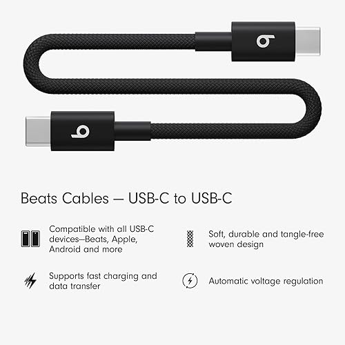 Beats USB-C to USB-C Woven Short Cable Fast Charging Durable/Tangle-Free Compatible Charger for Apple & Android Devices (20 cm) - Bolt Black Bolt Black (20 cm)