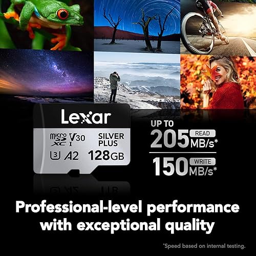 Lexar 128GB Professional Silver Plus microSDXC Memory Card w/SD Adapter, UHS-I, C10, U3, V30, Full-HD & 4K Video, Up to 205/150 MB/s Read/Write, for Videographers, Gamers (LMSSIPL128G-BNANU)