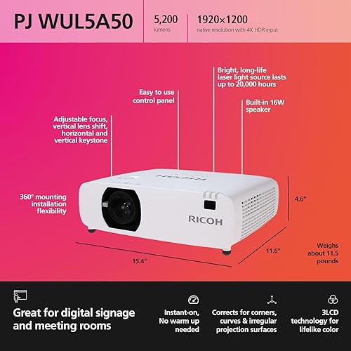 RICOH PJ WUL5A50 Compact 3LCD Laser Projector | 5200 Lumens | 1920x1200 WUXGA w/4K Input | 30-300 Screen Size | 360° Installation | Up to 30k hours | Built-in 16W Speaker Standard Throw