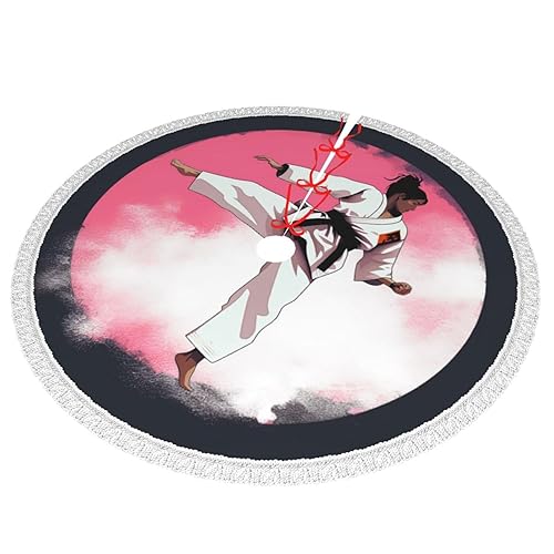 Taekwondo Design Printed Christmas Tree Skirt 36 Inch - Thick Xmas Tree Skirt with Tassel for Indoor Outdoor Xmas Tree Decoration