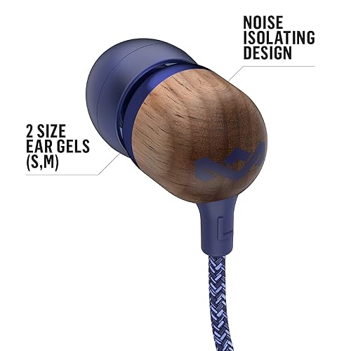 House of Marley | Smile Jamaica Wired in-Ear Headphones - in-line Microphone with 1-Button Remote | Noise Isolating | Durable | Tangle Free Cable | Denim