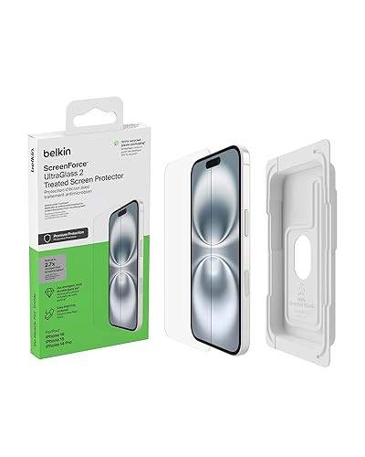 Belkin ScreenForce UltraGlass 2 Treated iPhone 15 and 14 Pro Screen Protector - Scratch-Resistant, 9H Hardness Tested Glass w/Slim Design - Includes Easy Align Tray for Bubble-Free Application