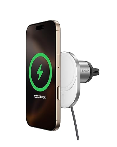 Belkin MagSafe-Compatible Wireless Car Charger 15W, Fast Charging Wireless Charger - Powerful Magnetic Vent Holder for iPhone 17, 16, 15, 14, 13 Series, Pixel 10, Secure Car Phone Mount - White Charging Mount