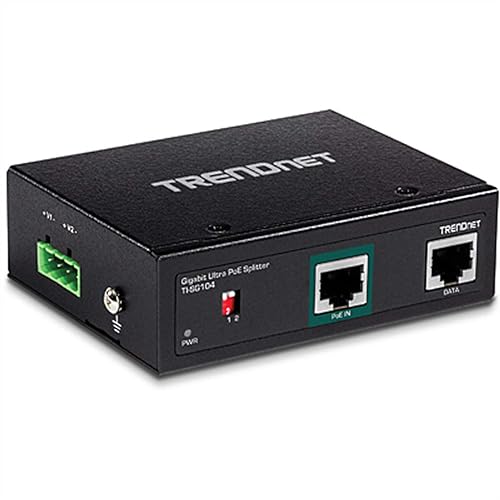 TRENDnet Industrial Gigabit UPoE Splitter, Dual DC Power Outputs, DIN-Rail or Wall-Mountable, Adjustable Voltage Output, TI-SG104,Black