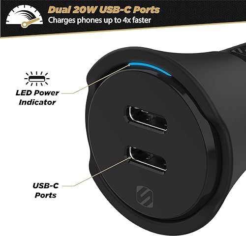 Scosche CPDCC40 PowerVolt 40-Watt Certified USB Type-C Fast Car Charger Power Delivery 3.0 for Standard USB-C Devices, Dual USB-C Charger Dual USB-C 40W