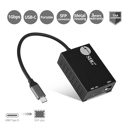 SIIG USB-C to SFP Fiber Gigabit Ethernet Adapter, 1 Gbps, Power Saving Mode IEEE 802.3az, Secure Network Connectivity, Heat Dissipation, Windows and Mac - TAA Compliant (JU-NE0D11-S1)