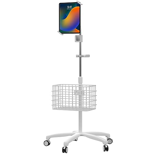 Medical Mobile Stand – CTA Heavy-Duty Medical Mobile Floor Stand & Accessories for iPad 7 – 9 Gen 10.2”, 12.9” Pro, 11”, Mini 5/6, Samsung A8 & Other 7-13-Inch Tablets - White (PAD-SHFSWAO)