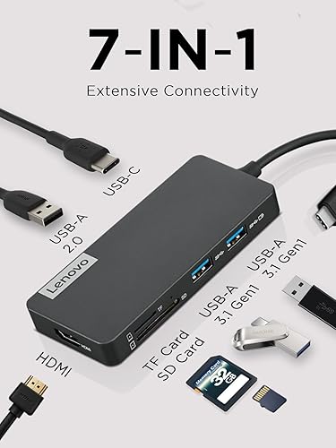 Lenovo – USB-C 7-in-1 Hub – Computer Networking Laptop Accessory – Laptop Docking Station - 4K via HDMI, 3 USB-A Devices, 2 SD/TF Card Readers USB-C Power Pass Through