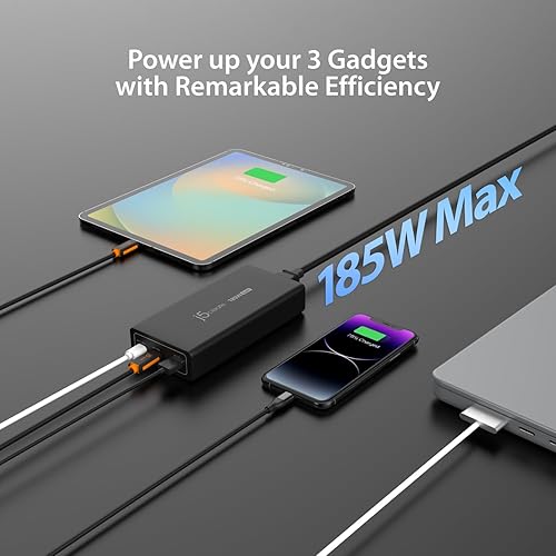 j5create 185W GaN USB-C/A 3-Port Laptop Super Charger w/Power Delivery 3.1, Supports MacBook Pro MagSafe 140W Charging-Simultaneously Power and Charge Laptops/Tablets/Phones/Game Consoles (JUP37185)