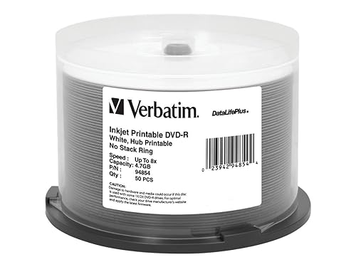 Verbatim 94854 4.7GB 8x DataLifePlus White Inkjet Printable/Hub Printable DVD Rs 50 Ct Spindle