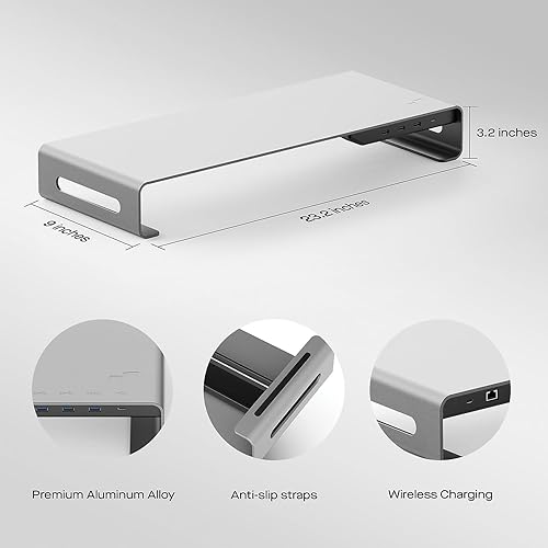 Mobile Pixels Aluminum Monitor Riser with Docking Hub, USB-C Port, PD Port, Ethernet, HDMI, 3 USB 3.0 for PC, TV, Tablet, Laptop, Space Grey