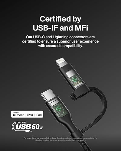 Belkin BoostCharge Braided 2-in-1 USB-C Charging Cable w/USB-C & Lightning Connector (1.5M) Fast & Multi-Charging for iPhone Series, iPad, MacBook, Galaxy Series, Nintendo Switch 2 & More - Black