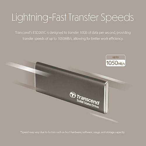 Transcend 1TB ESD265C, External Solild State Drive, Portable SSD, Slim & Sleek Lightweight, Aluminum casing, Up to 1050 MB/s,Type A and C - TS1TESD265C