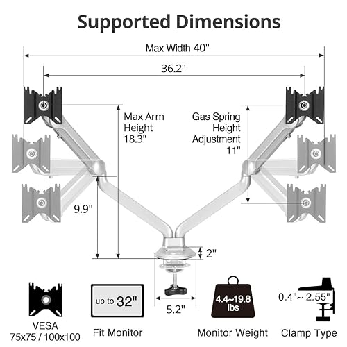 SIIG MTPRO Dual Monitor Desk Mount, Gas Spring Monitor Arm up to 32 inch Display, Max 19.8 lbs per arm, VESA 75 &100mm, Silver, TAA Compliant 32 Max