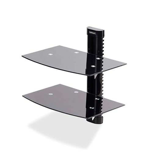 StarTech.com Dual Floating Wall-Mounted AV Shelves, Adjustable Height Shelf for Under TV AV Equipment, Tempered Glass Shelves