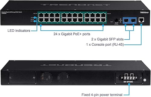 TRENDnet 26-Port Industrial Gigabit L2 Managed PoE+ Switch, TI-RP262i, 1U 19” Rackmount, 24 x Gigabit PoE+ Ports, 2 x SFP Slots (100/1000Base-FX), IP30, VLAN, QoS, 685W PoE Power Budget, Fanless