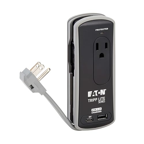 Eaton Tripp Lite TRAVELER3USBC Travel Power Strip & USB Charger, Flat Plug, 306J Surge Protector, USB-C + USB-A Port, 2-Outlets, 18 Cord & Cable Wrap, 5,000 Insurance