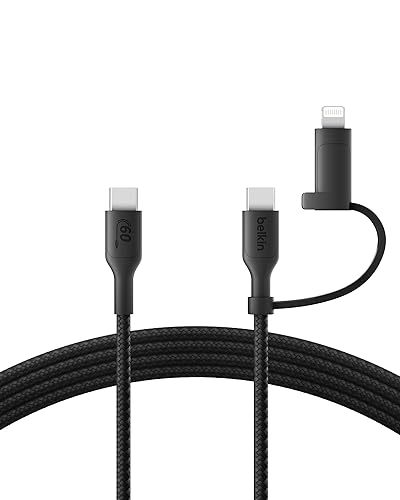 Belkin BoostCharge Braided 2-in-1 USB-C Charging Cable w/USB-C & Lightning Connector (1.5M) Fast & Multi-Charging for iPhone Series, iPad, MacBook, Galaxy Series, Nintendo Switch 2 & More - Black