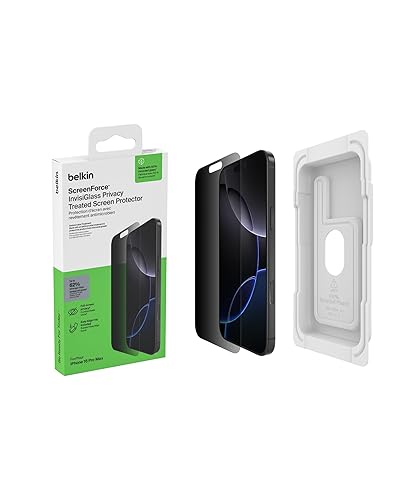 Belkin ScreenForce InvisiGlass Privacy Screen Protector for iPhone 16 Pro Max, Scratch-Resistant Impact Protection w/Included Easy Align Tray for Bubble Free Application - Made with Recycled Glass
