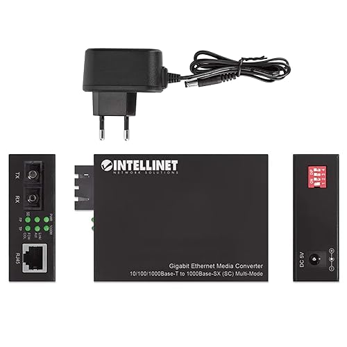 Intellinet Multimode SC Gigabit Ethernet Fiber Media Converter, Autonegotiation, 10/100/1000Base-T to 1000Base-SX, up to 1,800 ft. (550 m), 850 nm - 508544 10/100/1000Base-T to 1000Base-SX (SC) Multi-Mode