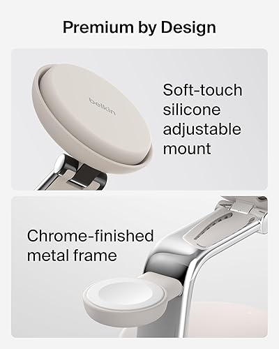 Belkin MagSafe Charger Compatible, 3-in-1 Qi2 Wireless Charging Dock 25W, Adjustable Wireless Charger for iPhone 17, Apple Watch, AirPods, Desktop Phone Stand for Travel w/ 45W Adapter - Sand