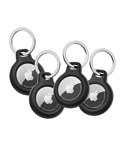 Belkin Apple AirTag Secure Holder with Key Ring - Durable Scratch Resistant Case with Open Face & Raised Edges - Protective AirTag Keychain Accessory for Keys, Pets, Luggage, Backpacks - 4-Pack Black